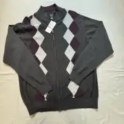 NWT Men Dockers Cardigan Full Zip Gray Cotton Sweater size XXL Argyle design