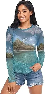 [RPLIFE] Tropical Beach Mesh Long Sleeve Tops for Women, Sheer Tops for Women S-XXL
