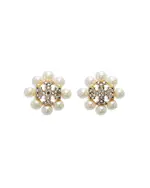 Tory Burch Kira Pave Double T & Imitation Pearl Stud Earrings in 18K Gold Plated