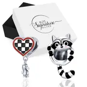 Boxed Solid 925 Sterling Silver Love With Checkers and Jumpy Fun Racoon Charms