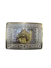 Cowboy Belt Buckle For Man - Horse Head/Horse Shoe4 1/4"x3 1/8" Silver Tone/Gold
