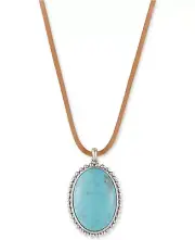 Lucky Brand Large Blue Stone Silver-Tone Leather Cord Pendant Necklace NWT