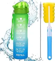 XACIOA 32oz Water Bottle with Straw,Drink Bottle with Time Marking Leakproof BPA Free,Ensure You Drink Enough Water Throughout The Day for Fitness and Outdoor Enthusiasts (Green Blue)
