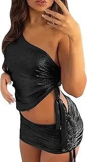 [Generic] Womens Swim Bottoms Size 16 Women's One Shoulder Side Drawstring Top Bag Hip Skirt Skirt Bar Nightclub Stage Personality Fashion Hot Girl Suit Long Dress Skirt Black