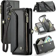 [ELEPIK] for Galaxy S21 Case, Adjustable Crossbody Wallet Case with Card Holder, Kickstand [RFID Blocking] [Crossbody & Wrist Strap] Leather Magnetic Phone Case for Samsung Galaxy S21, Black