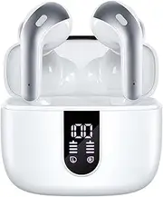 [TAGRY] Bluetooth Headphones True Wireless Earbuds 60H Playback LED Power Display Earphones with Wireless Charging Case IPX5 Waterproof in-Ear Earbuds with Mic for TV Smart Phone Laptop Computer White