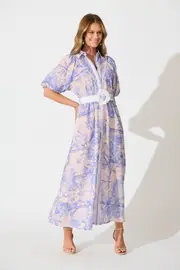 Women's Party Garden Spritz Maxi Shirt Dress Short Sleeve in Blush with Blue Linen Blend XS