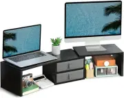 Dual Monitor Stand Riser with 2 Drawers-Length and Angle Adjustable 3 Shelf Moni