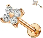 Designfy 14K Yellow/White/Rose Gold Cartilage Earring Top Push in 1 Pcs Threadless Flower Flat Back Stud Nose Stud Lip Ring 16G Helix Tragus Piercing Jewelry for Women 6mm 8mm