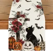 Jack-O'-Lantern Pumpkin Cross Black Cat Halloween Table Runner, Bat Kitchen Dini