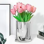 10 Pcs Artificial PU Tulip with Vase Real Touch Home and Living Room Decoration (Light Pink)