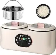 Double Slow Cooker, 1.8L+1.8l Rice Cooker with Double Pots, Double Spelling Low Sugar Rice Cooker, with 1 Steel Cage, 6 Functions, Can Be Scheduled and Keep Warm, Non-Stick Liner, for Family Use