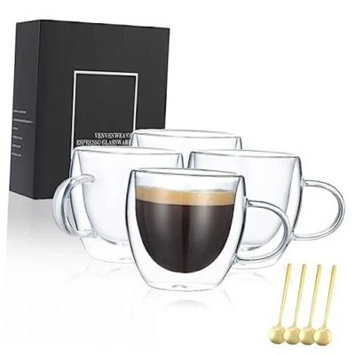 Espresso Cups Set Of 4,Double Wall 5OZ Hand Blown Espresso Shots 5OZ(4-PACK)