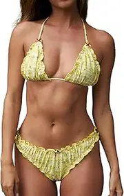 [Meihuida] Women Y2k Bikini Sets Cute Halter Tie up Top Ruffle Triangle Swimsuit Bathing Suit
