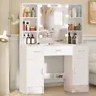 White Vanity Set LED Lights Mirror Dressing Table Make up Desk & Stool & Drawers