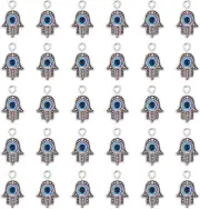 JIALEEY 30PCS Antique Silver Hamsa Hand Evil Eye Bead of Fatima Symbol Charms Ha