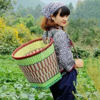 在飛比找蝦皮購物優惠-採茶專用籃子貴州揹簍買菜塑膠手工編織家用竹編籃子收納背籮