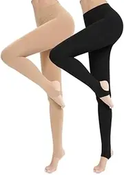 [Cavotor] Fleece Lined Tights for Women Thermal Tights Thick Warm High Waist Tummy Control Opaque Pantyhose (85g No Fleece Stirrup-Black+Beige,S)