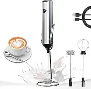 [YARRAMATE] Stainless Steel Rechargeable Handheld Milk Frother with Stand–3-Speed Adjustable Electric Whisk with 2 Stainless Steel Whisks, Drink Mixer for Coffee,Lattes,Protein Shakes,Matcha,Egg