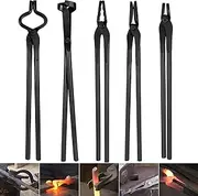 Blacksmith Tools Set - 5 Piece Tongs Kit Includes Flat, Square Jaw, Bolt, Blade, Wolf Jaw Tongs for Forging & Knife Making