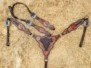 Western headstall leather headstall breast collar with Rose carving red stones