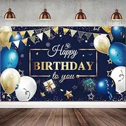 Yuanbigtai Happy Birthday Backdrop Banner Sign Poster Large Fabric Glitter Balloon Fireworks Sign Birthday Photo Backdrop Background for Birthday Party Decoration,72.8 x 43.3in (Navy Blue and Gold)