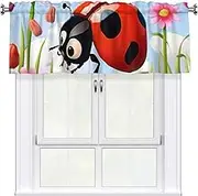 LHBWCVN Cartoon Ladybug Flower Valances for Windows, Rod Pocket Window Treatment Drapes Farmhouse Kitchen Curtains Short Blackout Window Curtains for Living Room Bedroom Decor 54x18 Inch