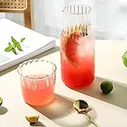 Glass Water Pitcher Set with Glass Cup 500ML/600ML Heat Resistant V-Shaped Mouth Glass Carafe Large Capacity Mouthwash Bottle for Bathroom Bedside Water Carafe for Office Bedroom (Striped)