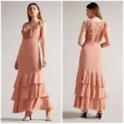 TED BAKER Ashleih Ruffle Maxi Dress in Blush Pink Size 2 US 6