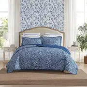 [Laura Ashley] Quilt Set, Super Soft Fabric Bedding with Matching Shams, Toile-Inspired Print, Floral Home Essentials (Elaina Blue, Full/Queen)