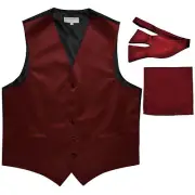 New Men's burgundy vest Tuxedo Waistcoat self tie bow tie and hankie set formal