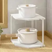 FOTN Kitchen countertop corner Pot and pan storage shelf condiment rack, kitchen supplies spice rack triangle iron bathroom corner multilayer desktop organizer (white, 2-tier)