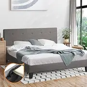 Oikiture 28cm Height Double Size Bed Frame with Bed Head and Solid Plywood Slats Mattress Platform Double Bed Base Grey