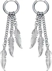 [Halawly] Feather Dangle Earrings for Men Punk Stainless Steel Long Chain Pendant Earrings