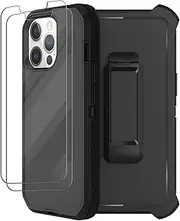 for iPhone 13 Pro Max Phone Case with Belt Clip Holster, 2X Screen Protector, Heavy Duty Military Grade Full Body Shockproof Drop-Proof Rugged Protective Cover (Black)