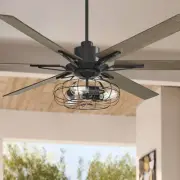 72" Industrial Indoor Ceiling Fan LED 3-Light Remote Black Cage for Living Room