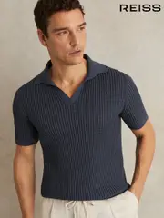 Reiss Dark Airforce Blue Merit Micro-Cable Open-Collar Cotton-Blend Shirt (W24985) | $245