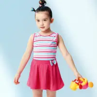 在飛比找momo購物網優惠-【沙兒斯】粉色橫紋SPA/泡湯連身裙式女童泳裝(兒童泳衣)