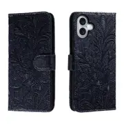 For iPhone 16 Plus Case, PU Leather Floral Lace Cover, Dark Blue