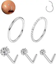 [Purbeaut] 18G Nose Rings Hoops and 20G Nose Studs Set for Women Men,Hypoallergenic 316L Surgical Stainless Steel CZ Nose Ring Gold Nose Hoop L Shape Nose Rings Studs 1.5/2/3mm CZ Sets 5Pcs Silver, 18