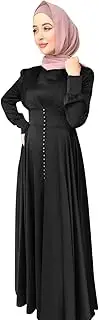 Solid Muslim Dress for Women Casual Satin Dress Long Sleeves Abaya Elegant Dress Arab Kaftan Mock Neck Maxi Gown