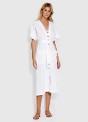 SEAFOLLY Ocean Alley Button Front Dress Medium White Linen V-Neck Tassels NWT
