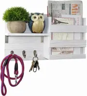 Wall-Mounted Key Hooks Holder and Mail Sorter - Rustic Wood White - Entryway Org