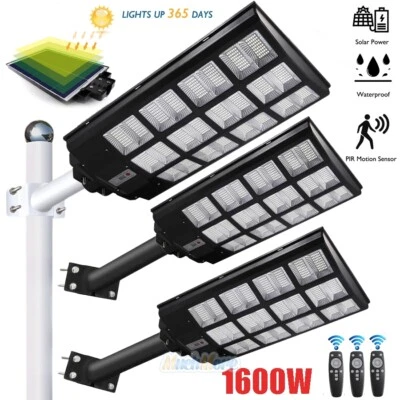 Weathproof 1600W LED Solar Street Light 9000000LM Dusk-Dawn Road Lamp+Timer+Pole