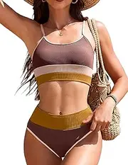 [AI'MAGE] Women's High Waisted Bikini Sets Two Piece Tummy Control Swimsuits 2025 Color Block Sporty Ribbed Bathing Suits