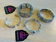 Lot of 4 Paparazzi Bracelets Silver Multi Crystal Bangle Cuff Hinge Flower Daisy