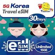 Happy 5G eSim South Korea 30Days Unlimited Data Travel eSim | 15GB of 5G High-Speed Data Then 256kbps | Support iPhone & Android Devices | Easy Activation | No Need Registration