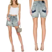 ONE TEASPOON Legend High Waist Distressed Raw Hem Mom Short Blue Storm Size 27