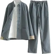 [NTWSHS] Chinese clothing Cotton Linen Kung Fu Clothing for Men,Hanfu Tang Suit Traditional Chinese Clothing,Martial Arts Tai Chi Suit Shirt Long Sleeved Coat Tops Pants,Wing Chun Uniform Zen