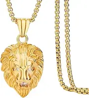 [Jewelry Kingdom 1] Mens Necklace Lion Pendant Necklace, Bigger in Size, Silver Plated Stainless Steel, 3PCS Shiny CZ Diamonds, Comes with Rope Chain 24”and in a Gift Box
